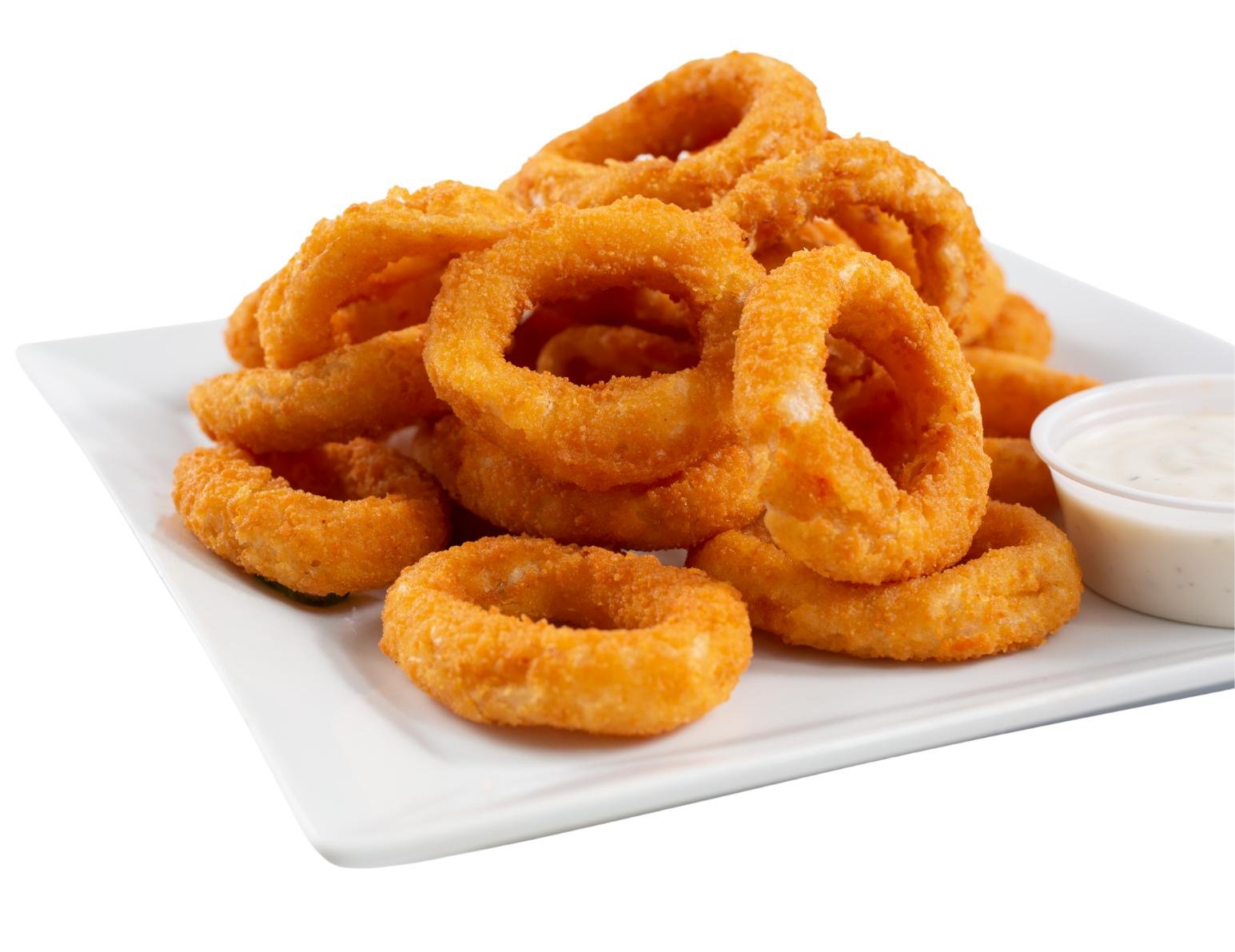Crispy golden onion rings – the perfect side dish at Shawarma & Mediterranean Flavors in Edmonton.