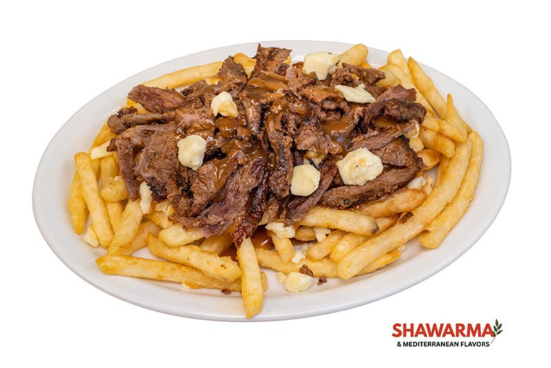 Beef Shawarma Poutine with crispy fries, seasoned halal beef, cheese curds, and savory gravy – Shawarma & Mediterranean Flavors Edmonton.