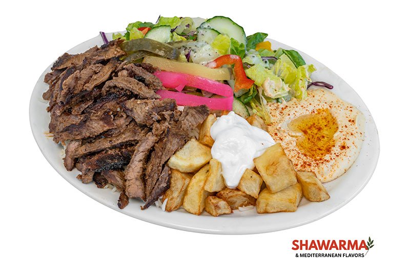 Beef Shawarma Plate with tender halal beef, rice, salad, pita, and Mediterranean sides – Shawarma & Mediterranean Flavors Edmonton.