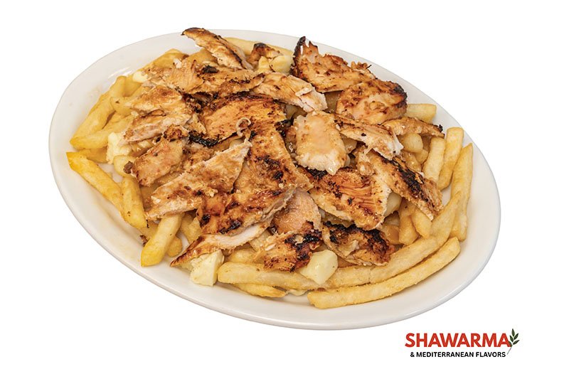 Chicken Poutine topped with juicy shawarma chicken, cheese curds, and rich gravy – Shawarma & Mediterranean Flavors Edmonton