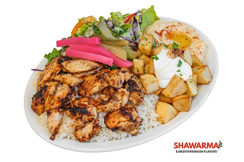 Chicken Shawarma Plate with slow-roasted halal chicken, rice, salad, and Mediterranean sides – Shawarma & Mediterranean Flavors Edmonton.