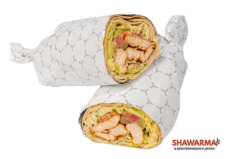 Chicken Shawarma Wrap with slow-roasted halal chicken, garlic sauce, and fresh vegetables – Shawarma & Mediterranean Flavors Edmonton.