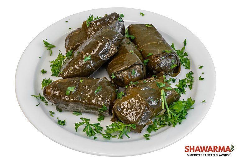 Stuffed grape leaves with rice, herbs, and spices – authentic Mediterranean appetizer at Shawarma & Mediterranean Flavors Edmonton.