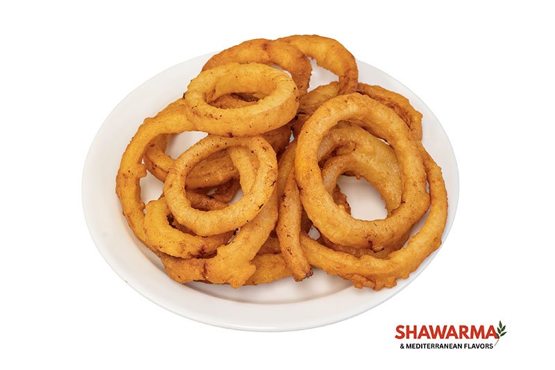 Crispy golden onion rings – fried to perfection at Shawarma & Mediterranean Flavors Edmonton.