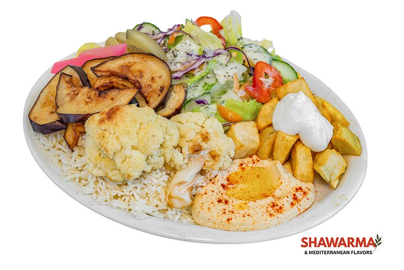 Vegetarian Shawarma Plate with falafel, hummus, tabbouleh, rice, and Mediterranean sides – Shawarma & Mediterranean Flavors Edmonton.
